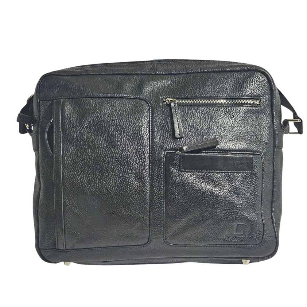 Danier Leather Messenger Laptop Bag-Black Soft Pebbled Leather Briefcase 16 x 12